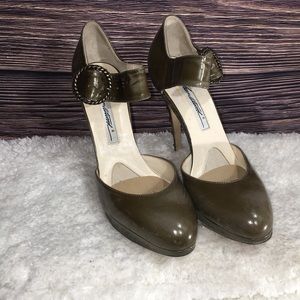 Brian Atwood olive leather heels